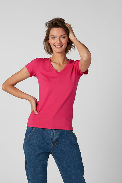 Women's pink V-neck T-shirt, short sleeves