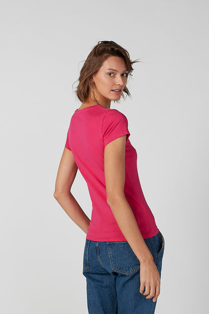 Women's pink V-neck T-shirt, side view, short sleeves