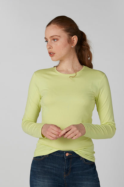 Lime green long-sleeve crewneck shirt, fitted with straight hem