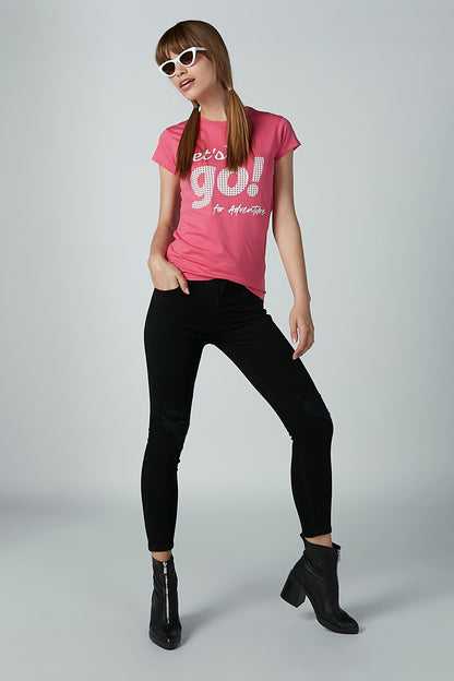 Pink crewneck graphic T-shirt, “Let’s go!” front print