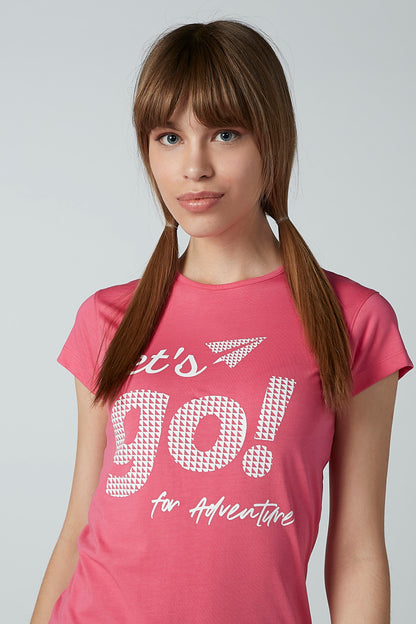 Pink crewneck graphic T-shirt, “Let’s go!” and “for Adventure” print