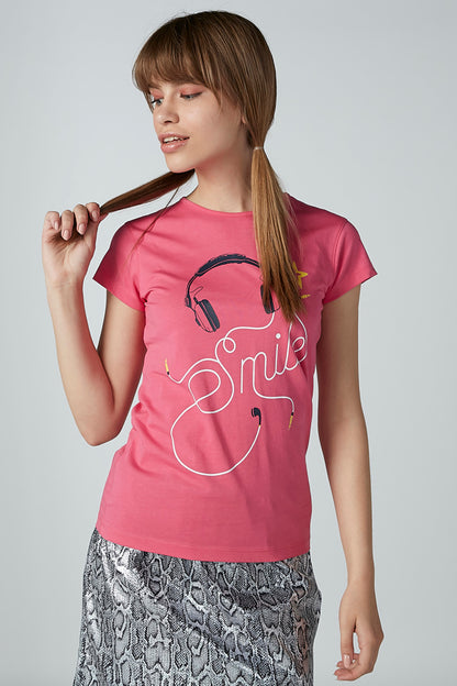 Pink short-sleeve T-shirt with Smile graphic and headphone-style icon, crew neck.