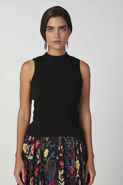 Black ribbed sleeveless turtleneck top