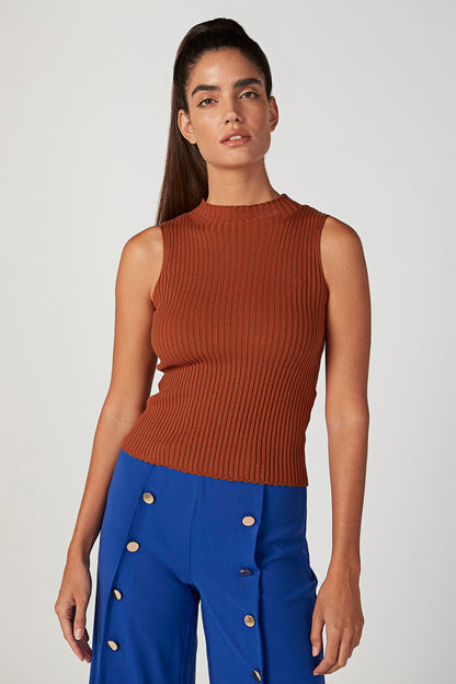 Orange ribbed sleeveless knit top with high crew neckline