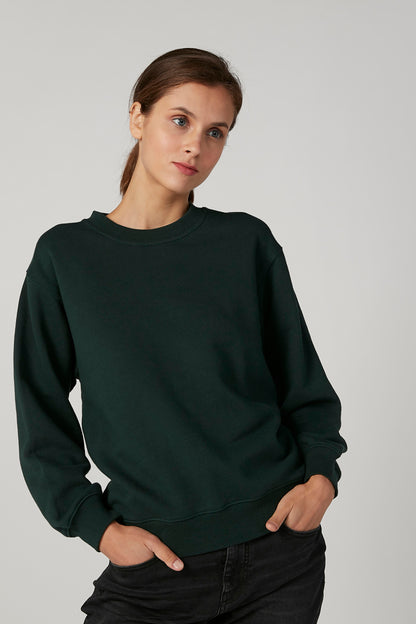 Dark green crewneck sweatshirt with long sleeves and ribbed cuffs