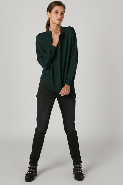 Dark green crewneck sweatshirt with long sleeves, ribbed collar, and cuffs