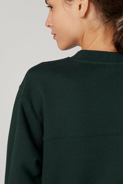 Dark green crewneck sweatshirt with ribbed collar and visible seam detail