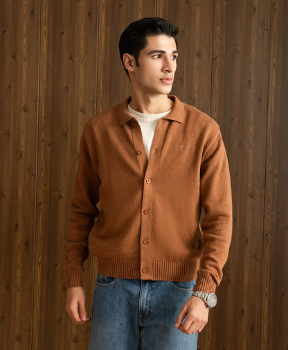 Men's fitted brown cardigan with button placket and ribbed cuffs, front view
