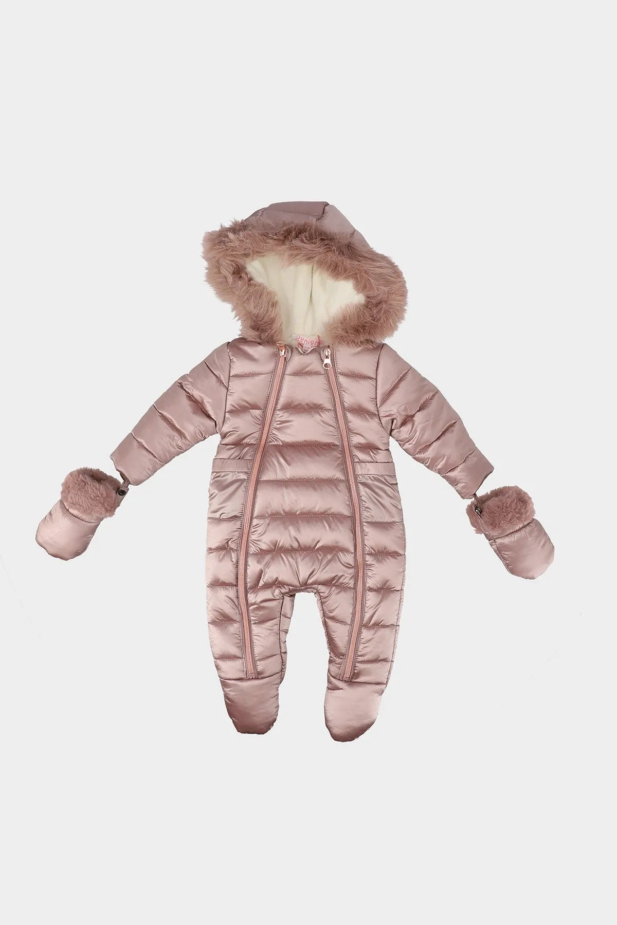 Hooded faux-fur trimmed padded baby snowsuit, dusty pink with zip