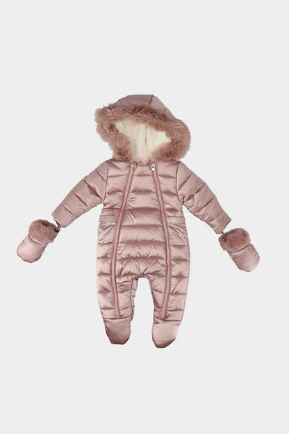 Hooded faux-fur trimmed padded baby snowsuit, dusty pink with zip