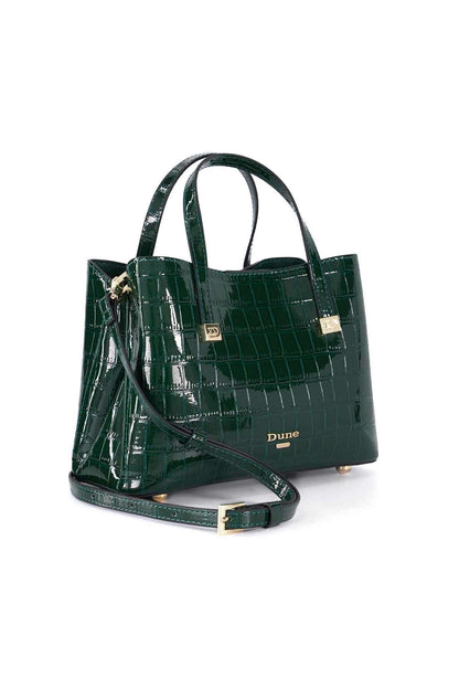 Dark green patent croc-embossed tote bag with top handles and crossbody strap