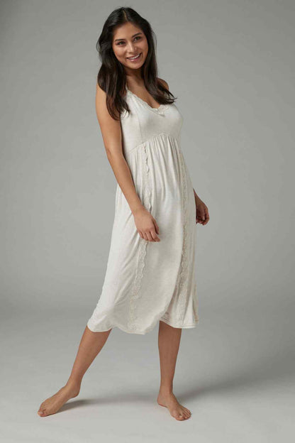 Oatmeal sleeveless babydoll nightdress with lace trim, V-neck and tiered hem