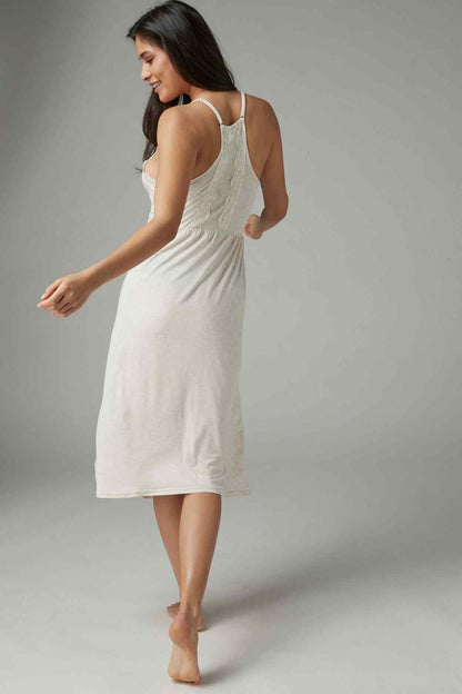 Oatmeal sleeveless nightdress with back racer straps and knee-length hem