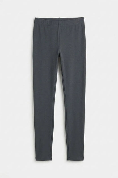 Slate gray straight-leg pants with smooth front seam, flat lay