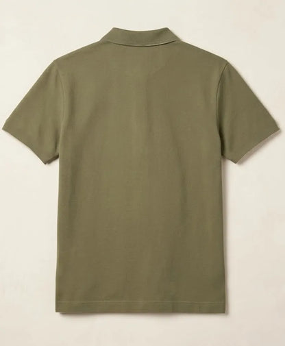 Fitted polo shirt, solid olive green back with short sleeves and crew-style neckline