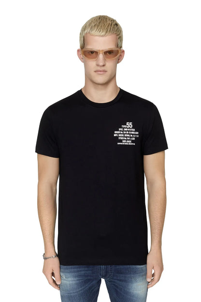 Men's black crewneck T-shirt with small chest logo graphic