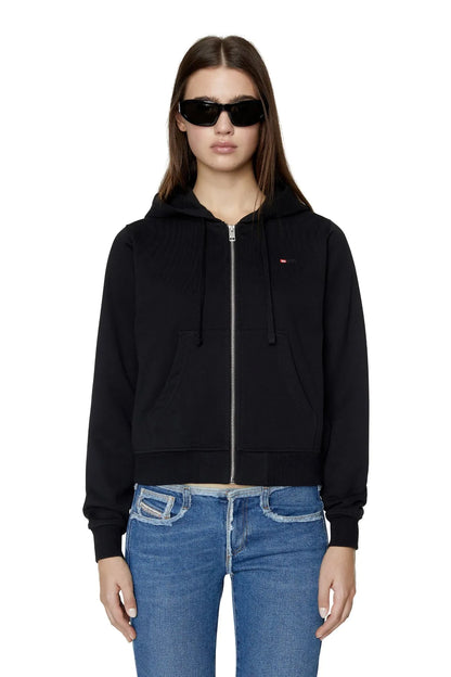 Black zip-up hoodie with drawstring hood, front zipper, and small chest logo