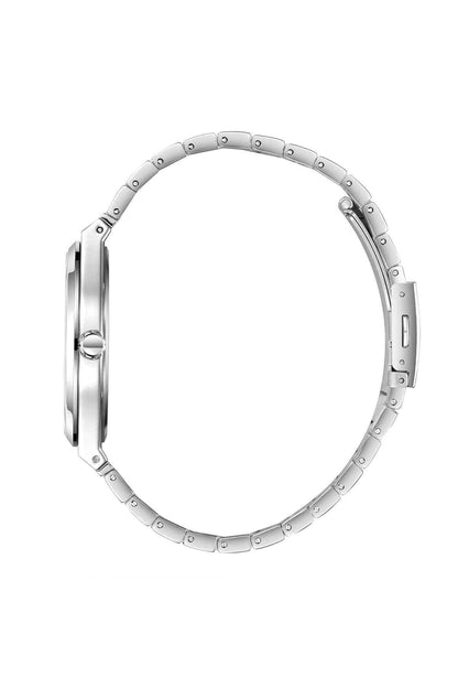 Lee Cooper watch, side view: silver case with crown and linked metal bracelet