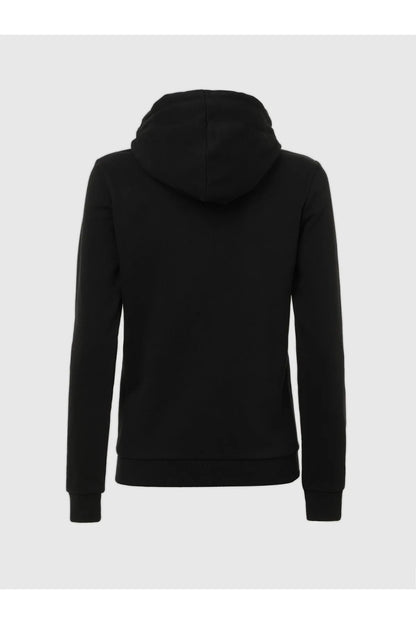Black zip-front hoodie back view, hood and full sleeves