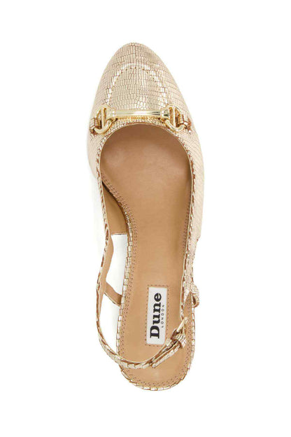Gold textured heeled court shoe with buckle strap and pointed toe