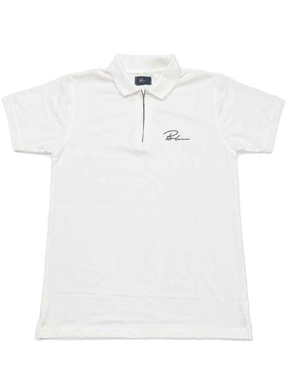 White short-sleeve polo shirt with zip placket and embroidered chest logo