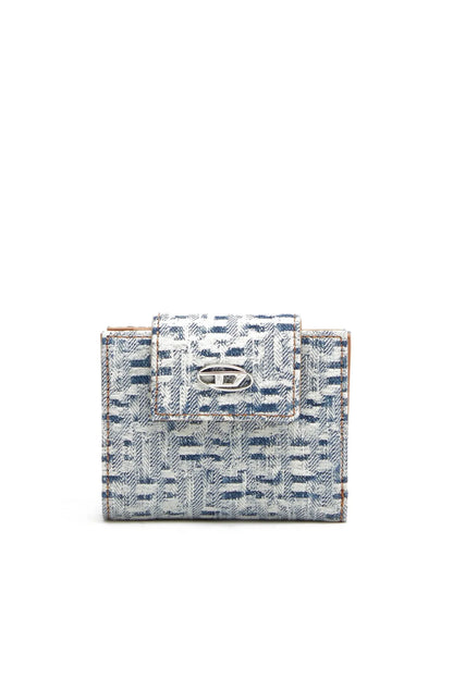 Blue patterned bi-fold wallet with logo patch and snap closure