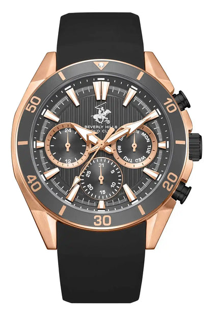 BHPC chronograph-style watch with black dial, rose-gold case, and black silicone strap