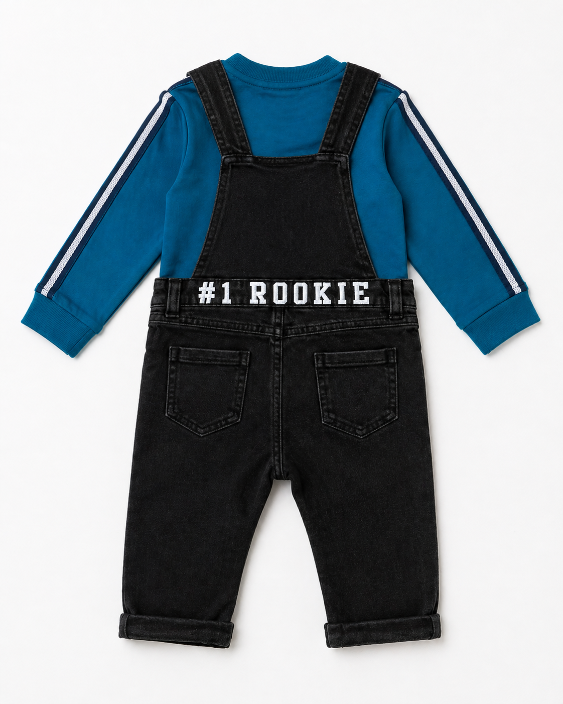 Black denim overalls with #1 ROOKIE graphic and blue striped sleeves, front