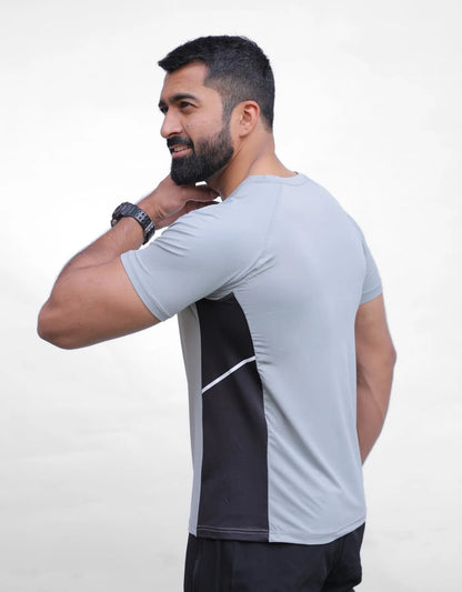 Men's athletic t-shirt, light gray back with black side panel strip