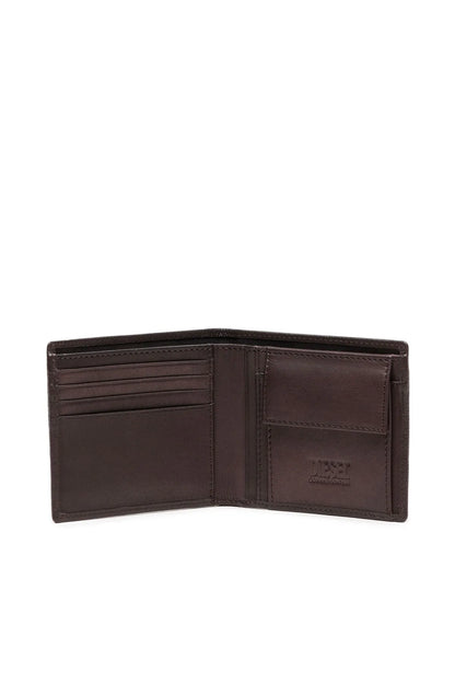 Brown leather bifold wallet with card slots and interior view