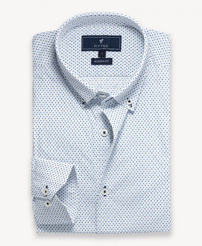 Light blue patterned fitted dress shirt with button-down collar and front buttons