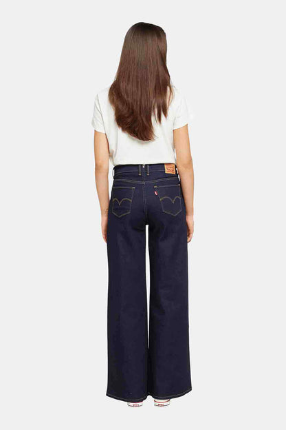 Wide-leg jeans in dark blue, back pockets with heart-shaped embroidery
