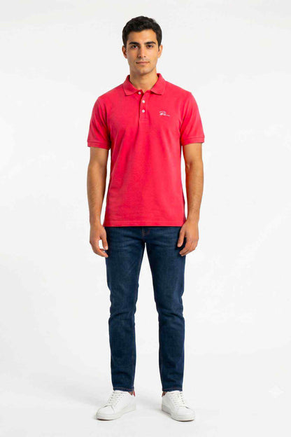 Men's red polo shirt with button placket and short sleeves