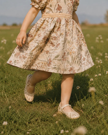 Licci beige floral short-sleeve dress with gathered skirt