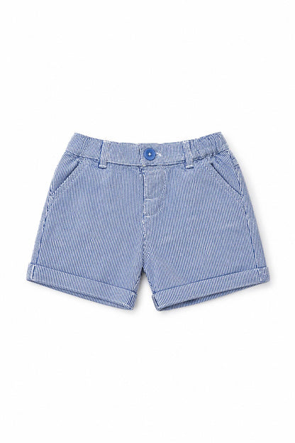 Blue pinstripe baby denim shorts with elastic waistband, button fly, side pockets