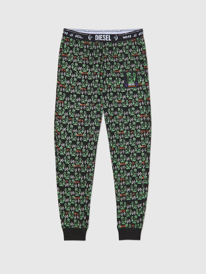 Black jogger pants with green and red graphic repeat pattern, ribbed cuffs