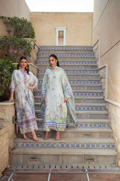 White floral printed kaftan with long sleeves and lace trim at cuffs and hem