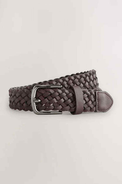 Dark brown braided leather belt with metal buckle and adjustable keeper