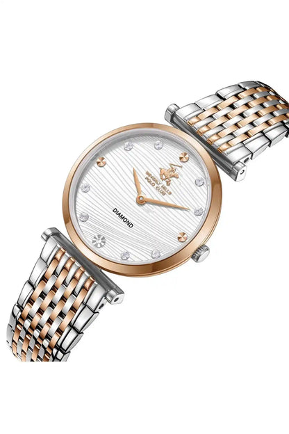 Two-tone link wristwatch with rose gold bezel and silver dial with diamond markers