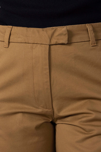 Camel pants with belt loops and tabbed waistband detail