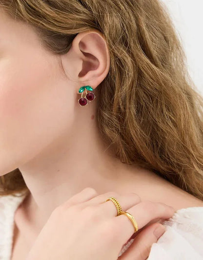 Cherry-style stud earrings with red and green enamel, gold-tone settings