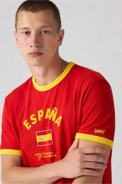 Red Levi's Spain T-shirt with “ESPANA” graphic and yellow sleeve trim
