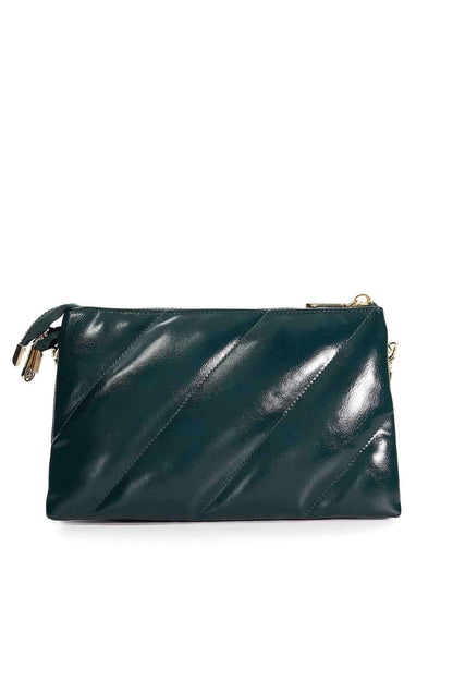 Dune London green leather clutch-style bag with top zipper and metal zipper pulls