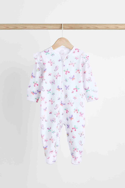 White pastel butterfly print footed baby pajamas with front zip and collar