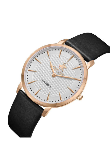 Analog wristwatch with black leather strap, rose-gold bezel, white dial and gold hands