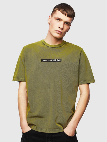 Diesel olive-green crew-neck T-shirt with “ONLY THE BRAVE” center chest graphic