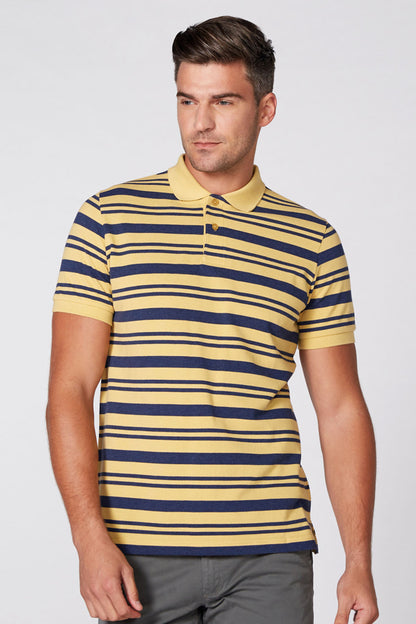 Yellow and navy striped polo shirt with button placket and short sleeves