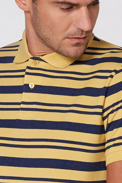 Yellow polo collar and button placket with navy and cream horizontal stripes