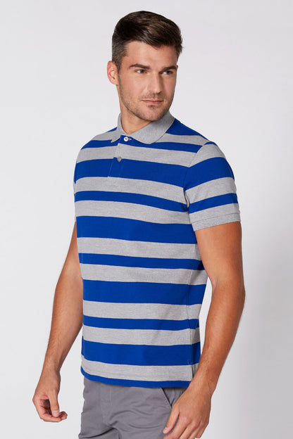 Men's blue and gray striped polo shirt with button placket and short sleeves