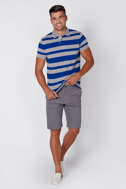 Men's blue and gray striped polo shirt with fold-over collar and short sleeves